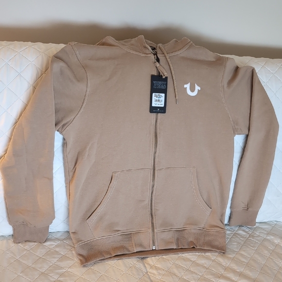 NWT True Religion Brand Jeans Size L Tan/Brown Zip Up Hoodie With Buddha Logo - Picture 1 of 8